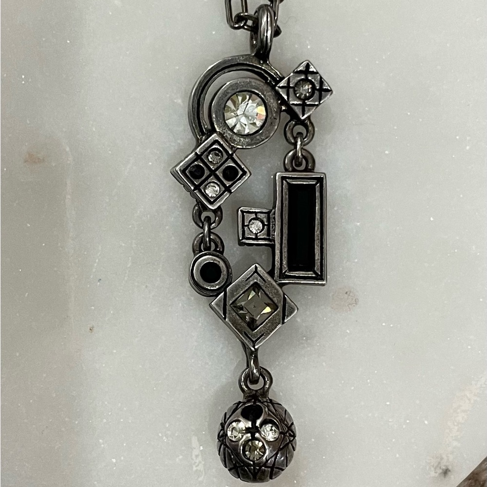 Patricia Locke Black and Silver Geometric Necklace 32” Chain Swarovski crystals